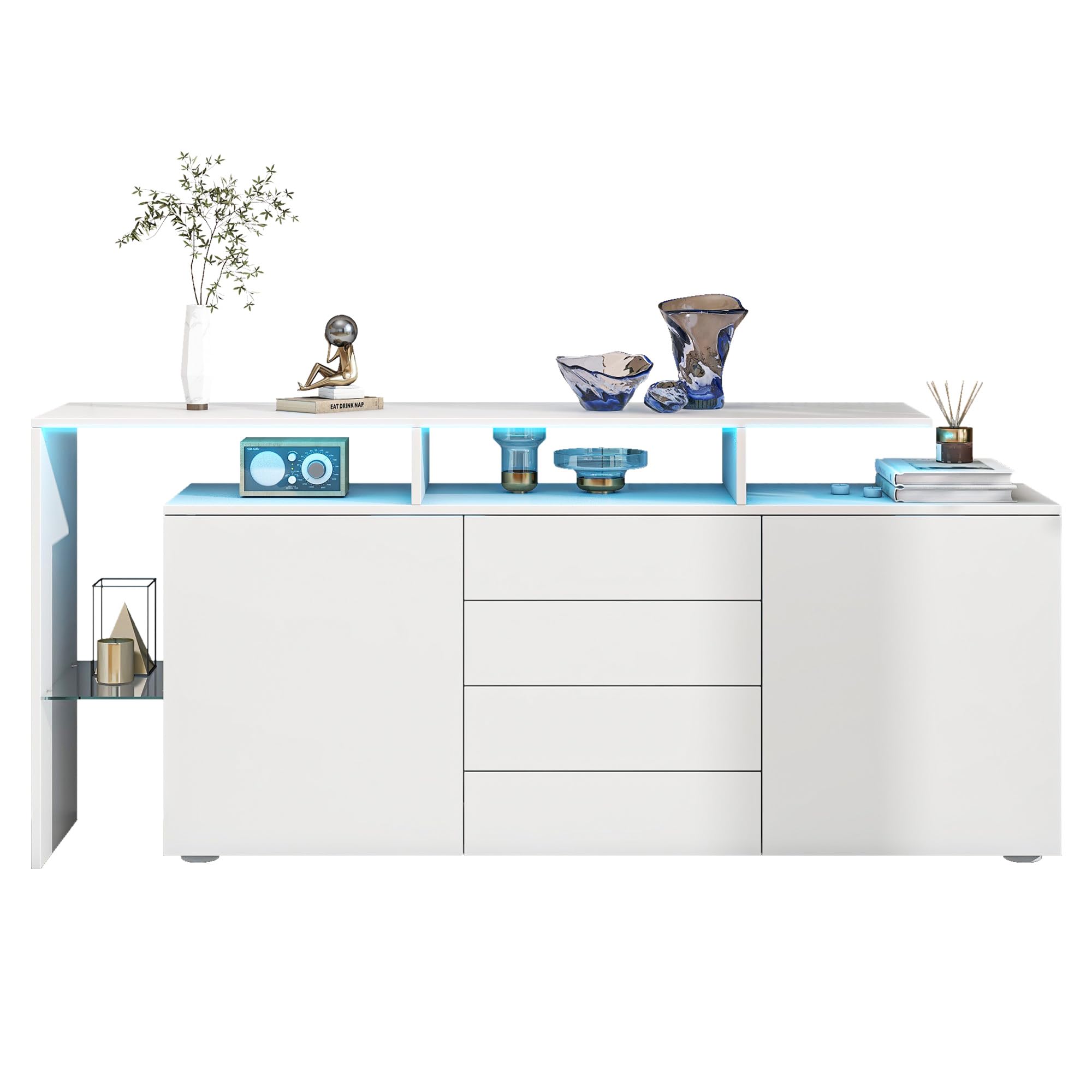 Azkoeesy Credenza, Cassettiera Bianca Lucida con LED 160x35x70 cm, 4 Cassetti, 2 Ante, Mensole in Vetro, Mobile TV Moderno Elegante, Mobile Multifunzione per Soggiorno e Sala da Pranzo