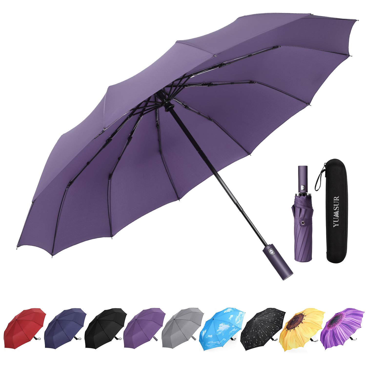YumSur Compact Travel Umbrella - Windproof, Reinforced Canopy, Tested in 60mph Winds, 10 Ribs Reinforced Windproof Umbrella, One Touch Auto Open/Close Multiple Colors for Men & Women