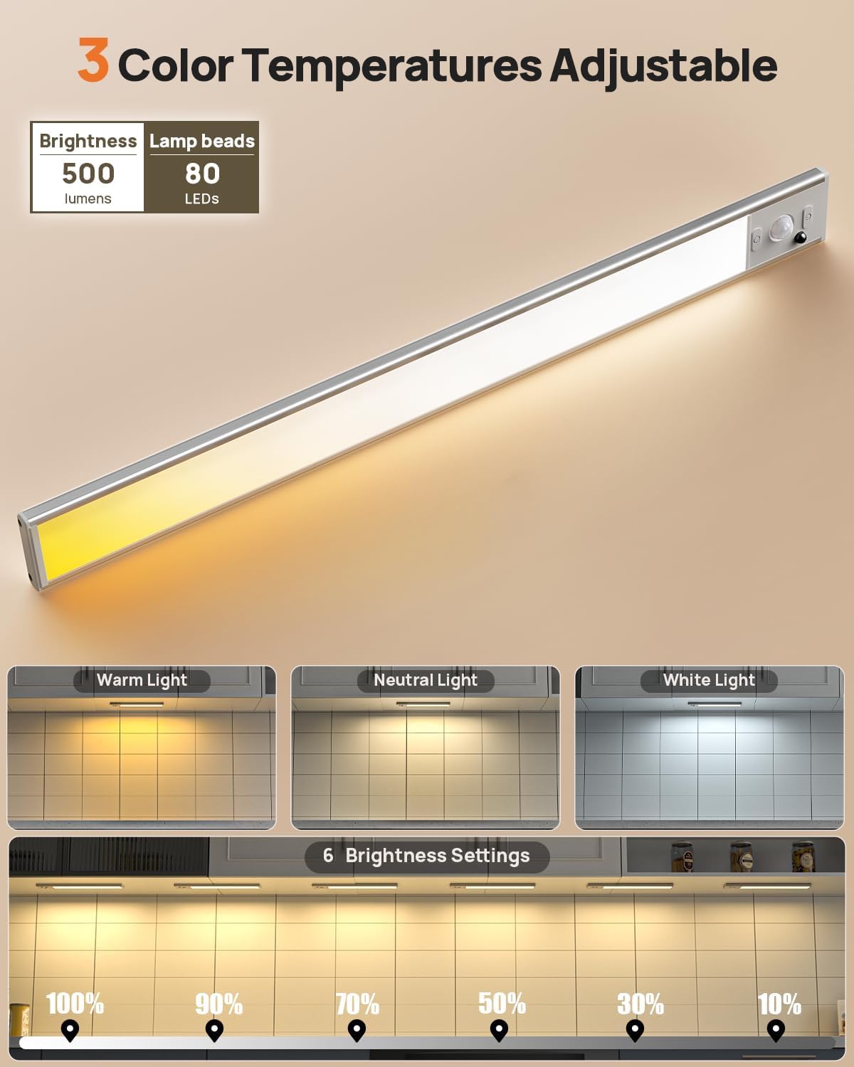 Unterschrankbeleuchtung mit Fernbedienung, 160 LED-Bewegungsmelder, 4000 mAh, wiederaufladbar, 3 Farbtemperaturen, kabellose Unterbauleuchten für Küche, Speisekammer, Treppe, 40,6 cm, 3 Stück
