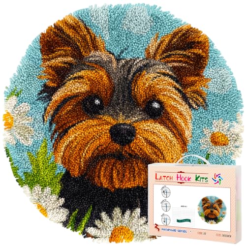 Latch Hook Round Rug Kit Yorkshire Terrier Dog in Daisy Stamped Handmade Round Shape Carpet Crochet Yarn Craft DIY Hook and Latch Door Mat Tapestry Christmas Home Floor Decor 20x20in-1