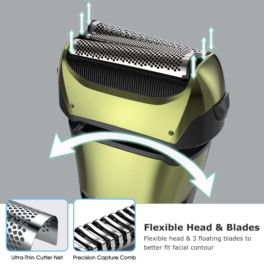 Men's Foil Electric Shaver, Electric Razor for Men Cordless USB-C Rechargeable Shaver with Pop-up Trimmer, Waterproof Wet and Dry Foil Razor with Travel Pouch LED Display for Face Beard Style, Green