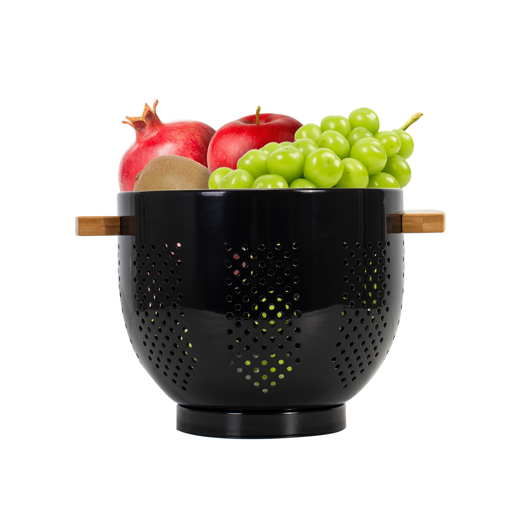 Colanders with Wood Handle - Kitchen Essential Metal Strainers & Colanders,Large Strainer Perfect for Pasta, Fruits, and More Food (Bright black 5.5 QT)