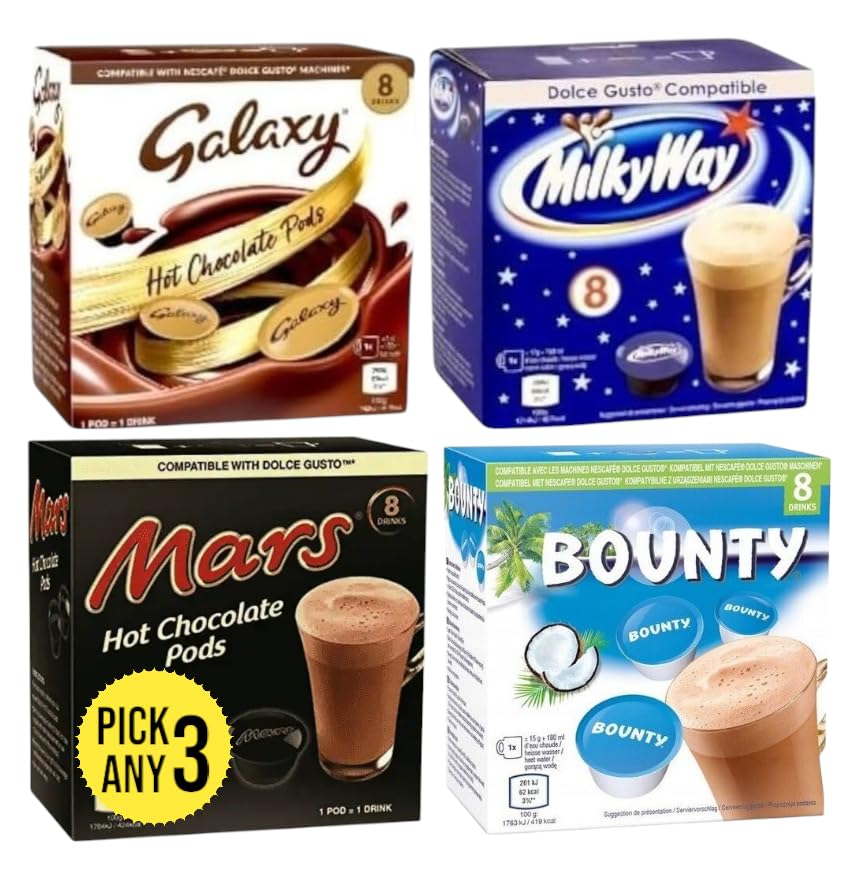 Mars Hot Chocolate Pick Any 3 Dolce Gusto Compatible Pods. Choose from 7 different flavours inc. Galaxy, Milky Way, Bounty, Mars (Total 24 Pods)