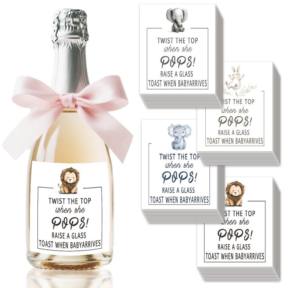 SUPERDANT 40pcs Cartoon Animals Wine Bottle Label Champagne Labels Baby Shower Wine Bottle Sticker Champagne Labels for Bottles Party Label Stickers Covers for Baby Shower Celebrating Party Gift