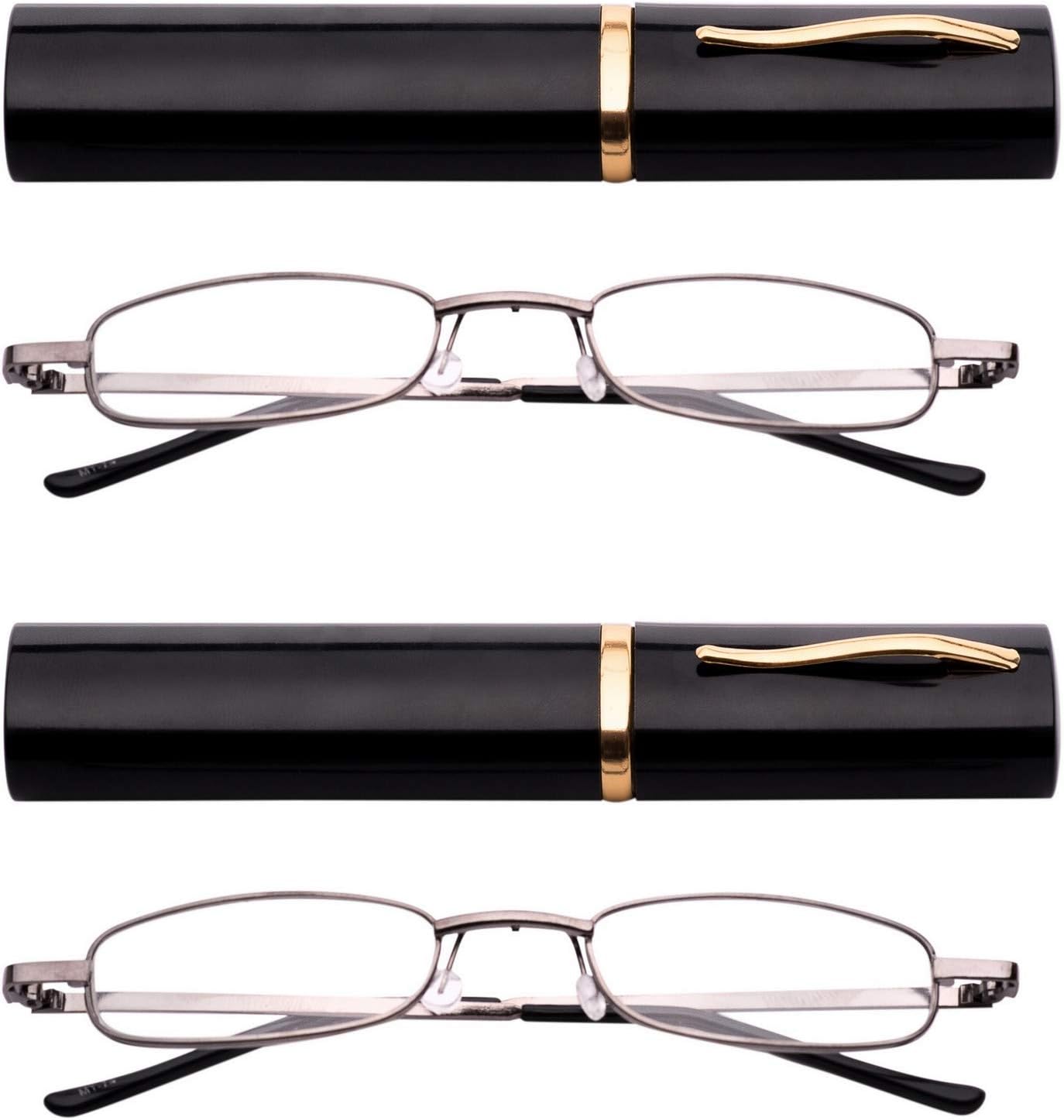 Fads & Fashions 2 x PAIRS MIX N MATCH Pen Holder Gunmetal Grey Frame Compact Reading Glasses with Case MT74