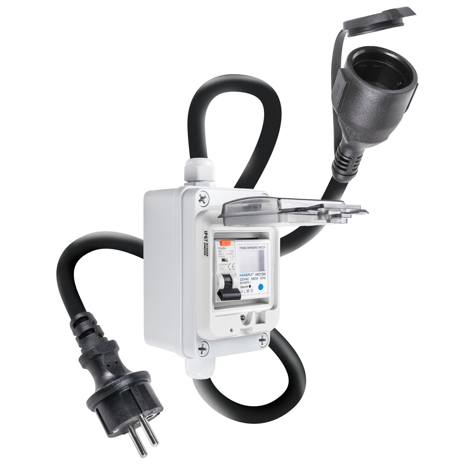 230VAC 16A Mobiler Digitaler Stromzähler für Steckdose mit FI Schutzschalter Typ A,230V IP44 Schuko Stecker,Zwischenzähler Strom mit IP67 Stromzählergehäuse