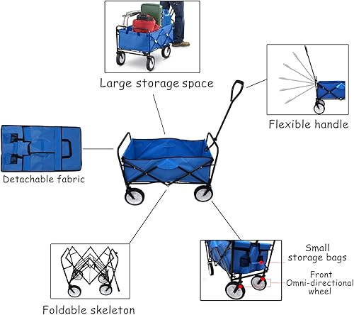Miniatura 2 de HTTMT - Carro plegable multifunción azul para exteriores, ruedas portátiles para uso en camping, comestibles, compras, transporte de niños, picnic,