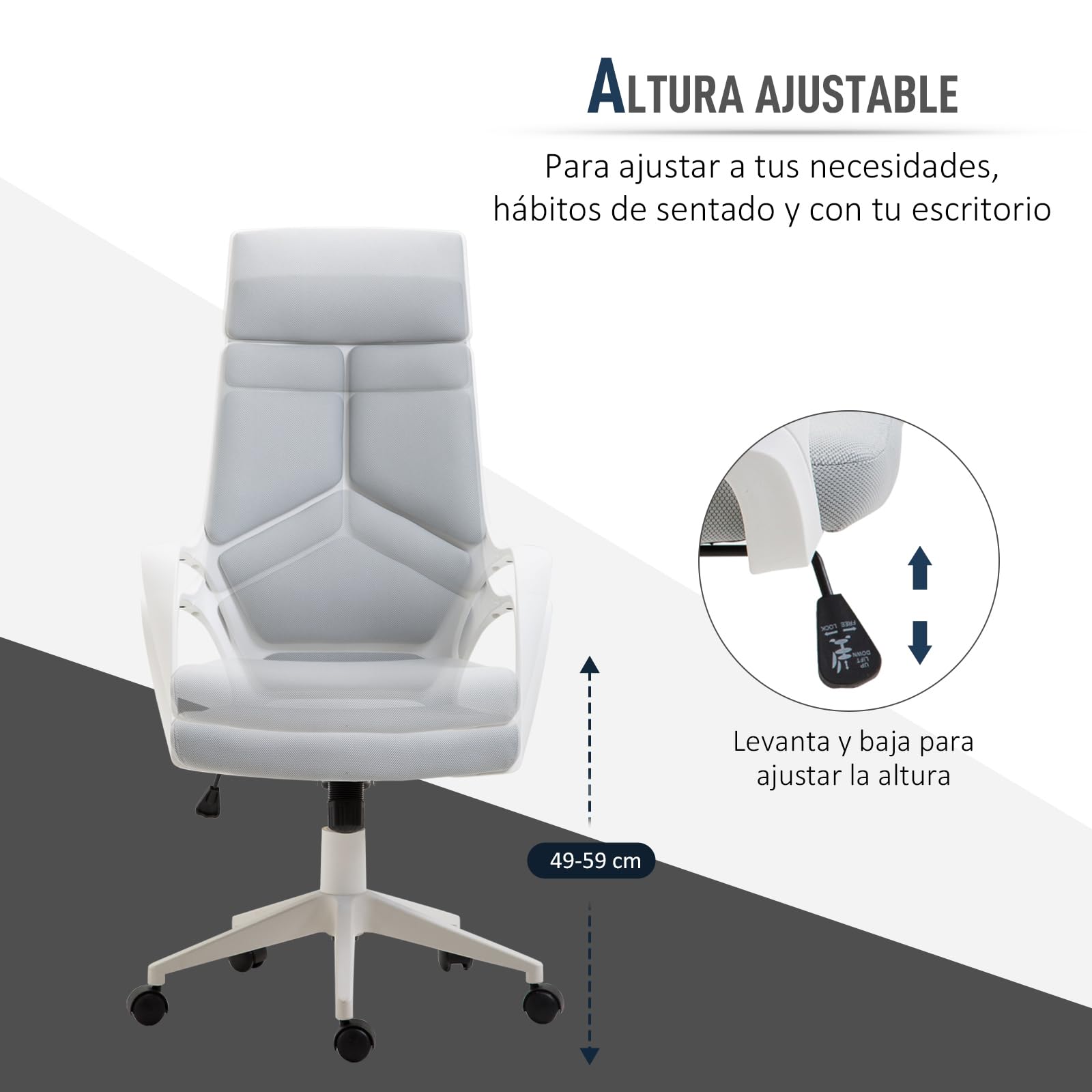 HOMCOM Silla de Oficina Giratoria Basculante Respaldo Alto 120 kg Gris