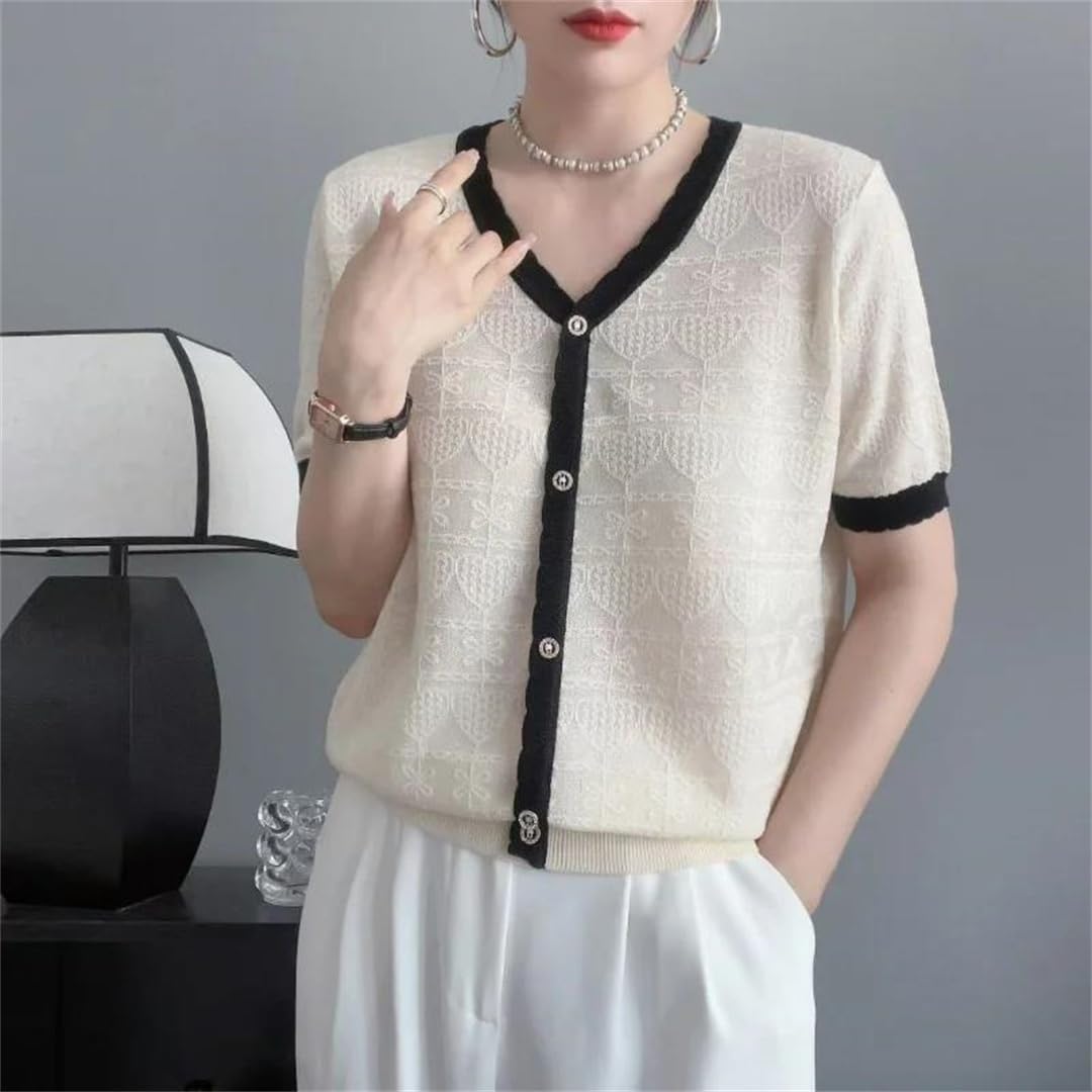 Wjnvfioo Estate Jacquard Moda Scollo a V Pullover Manica Corta T-Shirt Donna Patchwork Button Knit Sottile Top