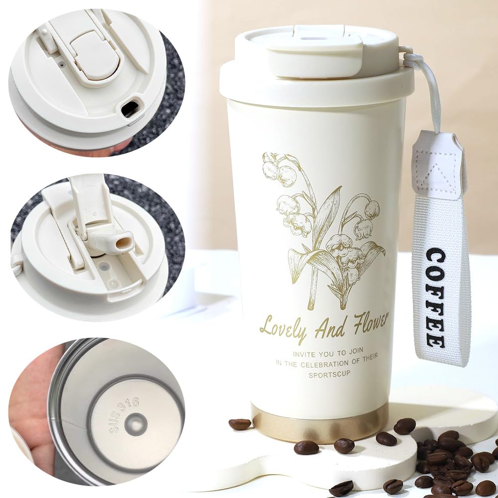 LUVDECO Termiczny kubek do kawy wielokrotnego użytku, 500 ml, izolowany, z szczelną pokrywką, kwiatowy kubek podróżny ze szczotką do czyszczenia marchwi, ze stali nierdzewnej 316, kubek termiczny do
