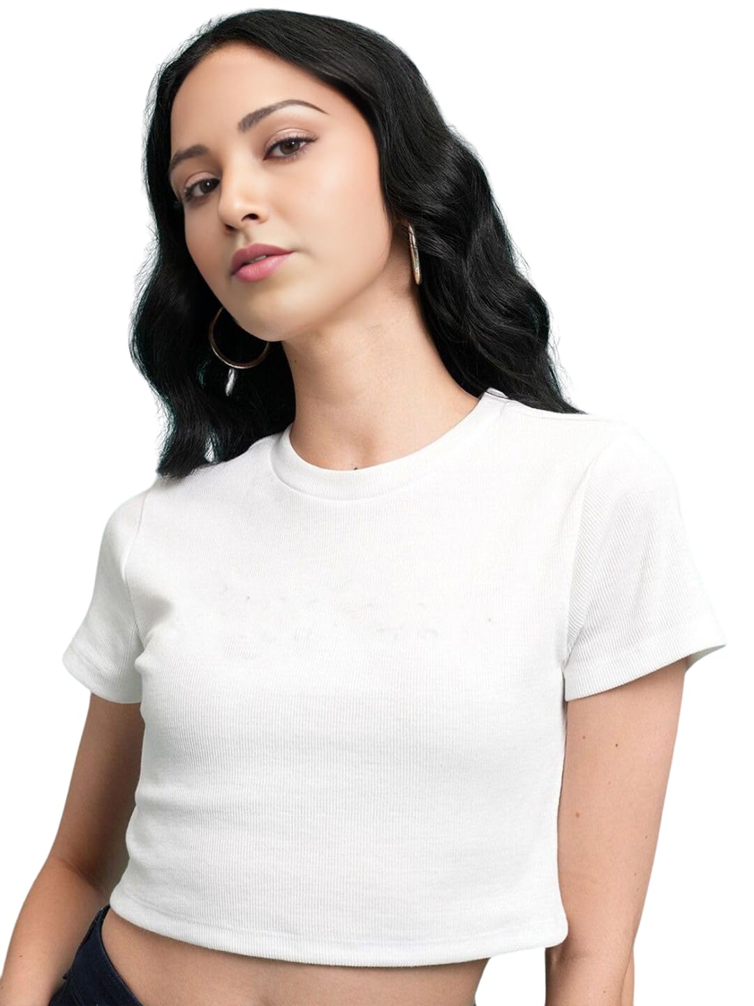 Women Cap Sleeve Crop Top, Round Neck Polyster Blend (17" Inches)-image-25