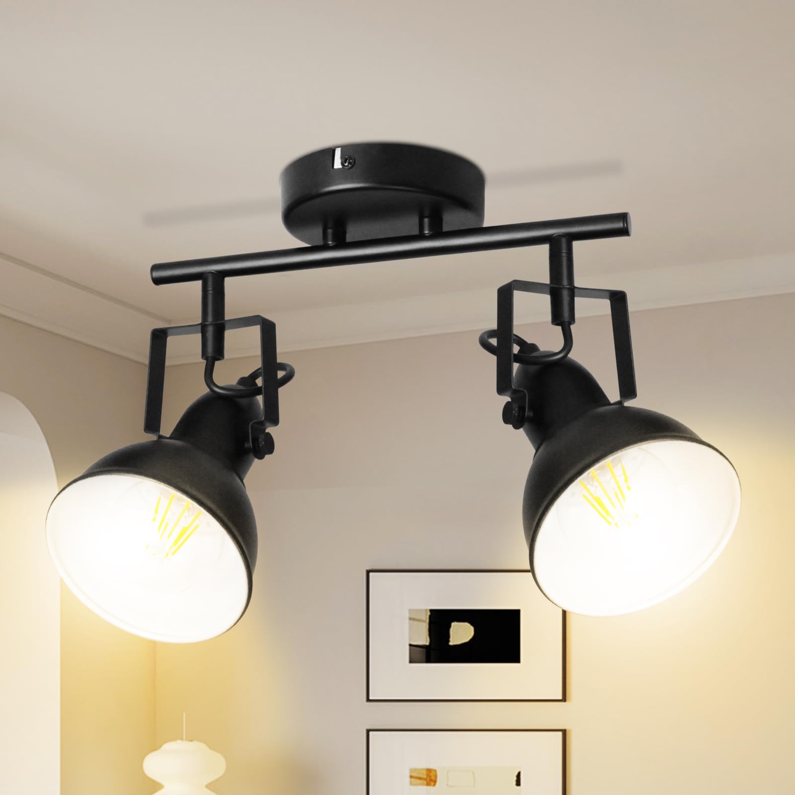 Unikcst 2 Way Spot Light Fittings for Ceilings Adjustable Black Wall Spotlights with E27 Base Kitchen Spot Lights Vintage Ceiling Light Bar for Indoor Hallway Lounge Office No Bulbs