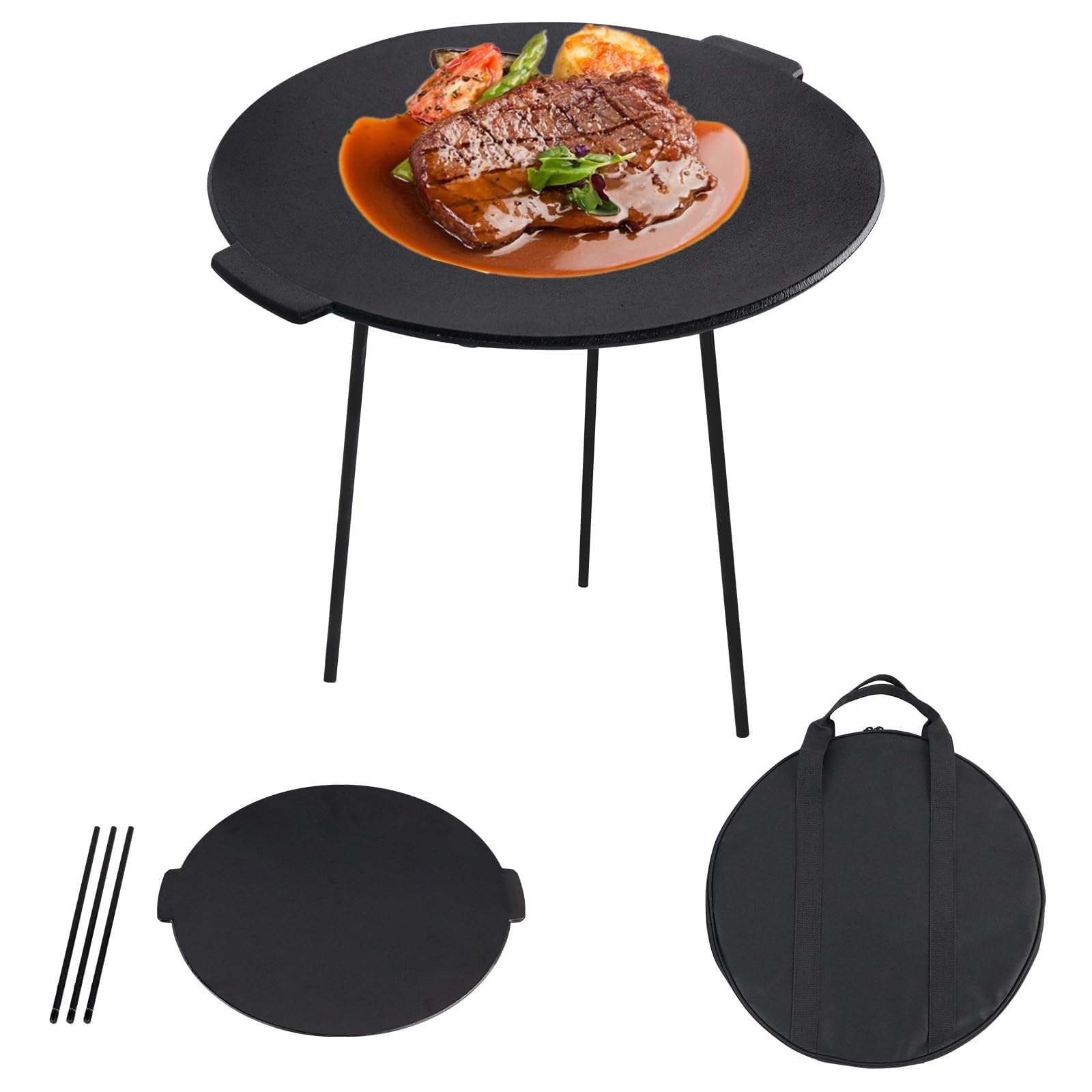 UISEBRT Bistecchiera in ghisa Ø 45 cm, piastra rotonda con 3 gambe, bruciata per una perfetta frittura, supporto olandese con custodia protettiva