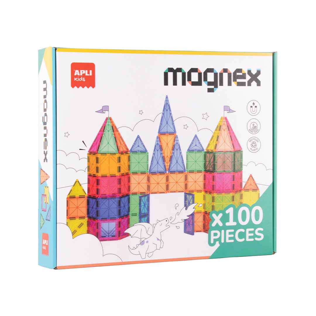 APLI Kids 20138 - Magnex 100 sztuk Magnex Zestaw konstrukcyjny | Zestaw 3D dla dzieci 3+| Kolorowe magnesy geometryczne | Zabawka edukacyjna Steam dla kreatywności i rozwoju poznawczego