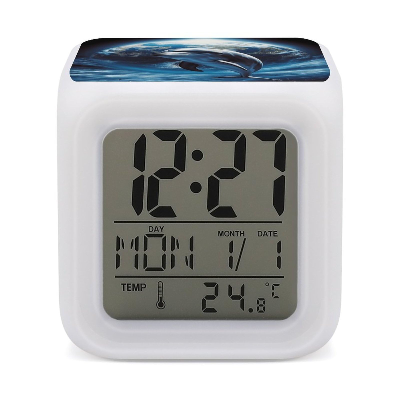 JTREHY Dolphin Earth Alarm Clock Digital Dimmable Clock for Bedroom LED Display Screen Mini Clocks 7 Color Dimmable Night Lights Time-to-Rise Alarm Clocks for Office Living Room
