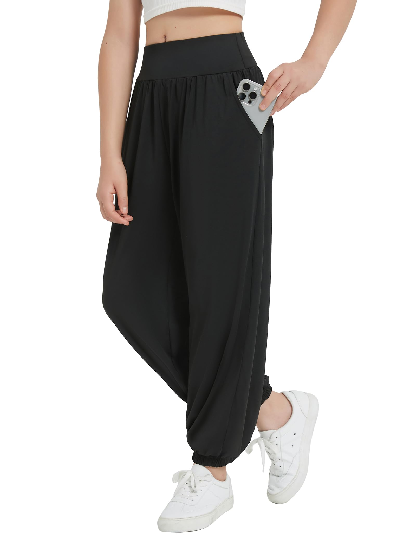 EXARUS 3 Pack Girls Joggers Pants Wide Leg Soft Comfy Elastic Mid Waist Causal Solid Long Loose Teen Tapered Hobo Harem Pants with Pockets Dance Outdoor Light Khaki/Dark Grey/Black 14Y