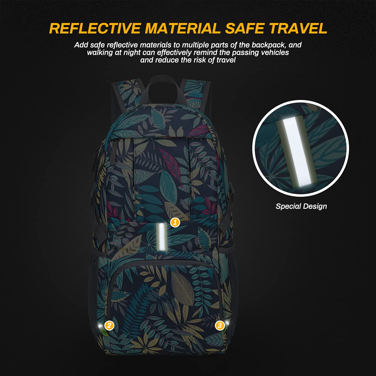 Zaino Ripiegabile, Zaino Pieghevole Ultraleggero da 35 Litri per Uomo Donna Resistente all'Acqua Escursionismo Zainetto Design Riflettente Sicuro da Passeggio per Campeggio all'aperto