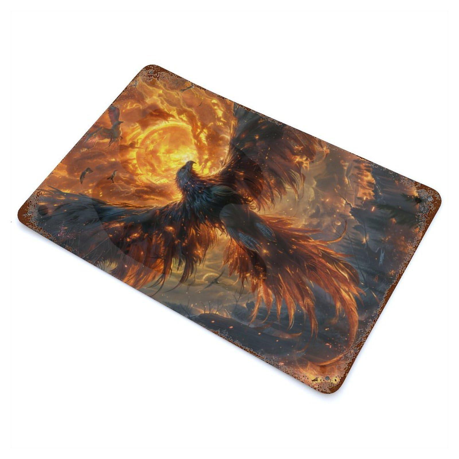 Phoenix And Sun Aged Metal Wall Plaque 11.8"x7.9", Industrial Home Decor for Pub, Kitchen And Man Cave Decor