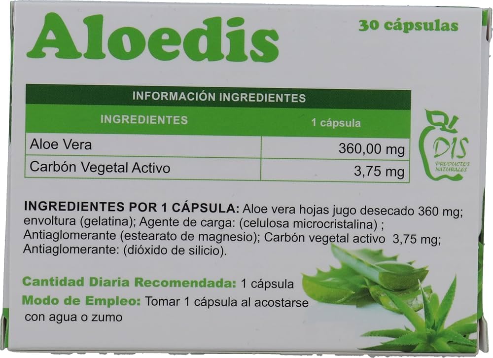 Dis Aloedis 90 Cápsulas - Pack Ahorro 3 x 30 Cápsulas - Suplemento Digestivo, con Zumo de Hojas de Aloe Vera 360mg y Carbón Activo 3.75mg - Para Ayudar a Equilibrar la Flora Bacteriana