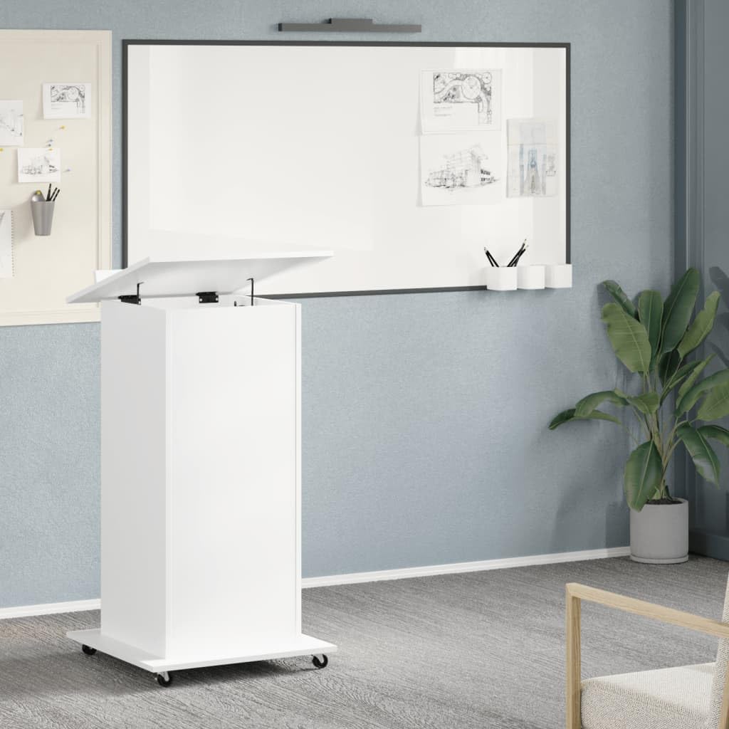 Leggio con Ruote e Cassetto Bianco 55x55x107 cm in Multistrato,Leggio, Podio, Pulpito per Conferenze, Tavolo per Presentazioni, Scrivania per Discorsi Pubblici, Porta PC, Piano Inclinato e Ripia
