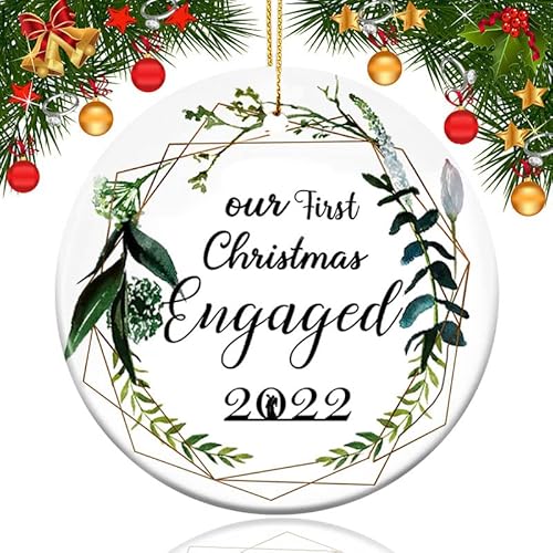 2022 Our First Christmas Engaged Ornaments, Engagement Wedding Bridal Shower Gift, Large 3" Round Double-Sided Painted Ceramic Xmas Hanging Ornaments For Couple Presents #TOP4