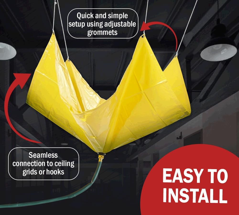 Mytee Products 10'x10' Roof Ceiling Leak Diverter Drain Tarp - Vinyl Coated Ceiling Rain Drip Catcher with Heavy Duty Grommets - Yellow Roof Rain Water Diverter - Reusable Roof Drain Fitting Tarp