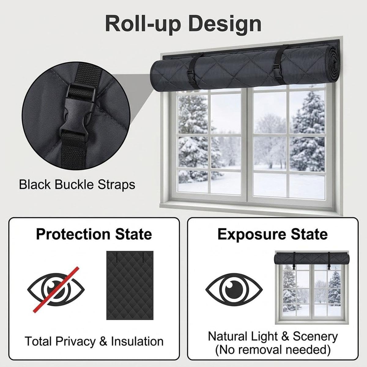 Rideaux Thermiques Isolants 3 Couches, Couverture de Fenêtre Thermique Oxford sans Perçage, Kit de Film d'Isolation Ajustable pour Hiver, Garde l'Air Froid et l'Air Chaud 50-200cm(Noir,150x201cm)