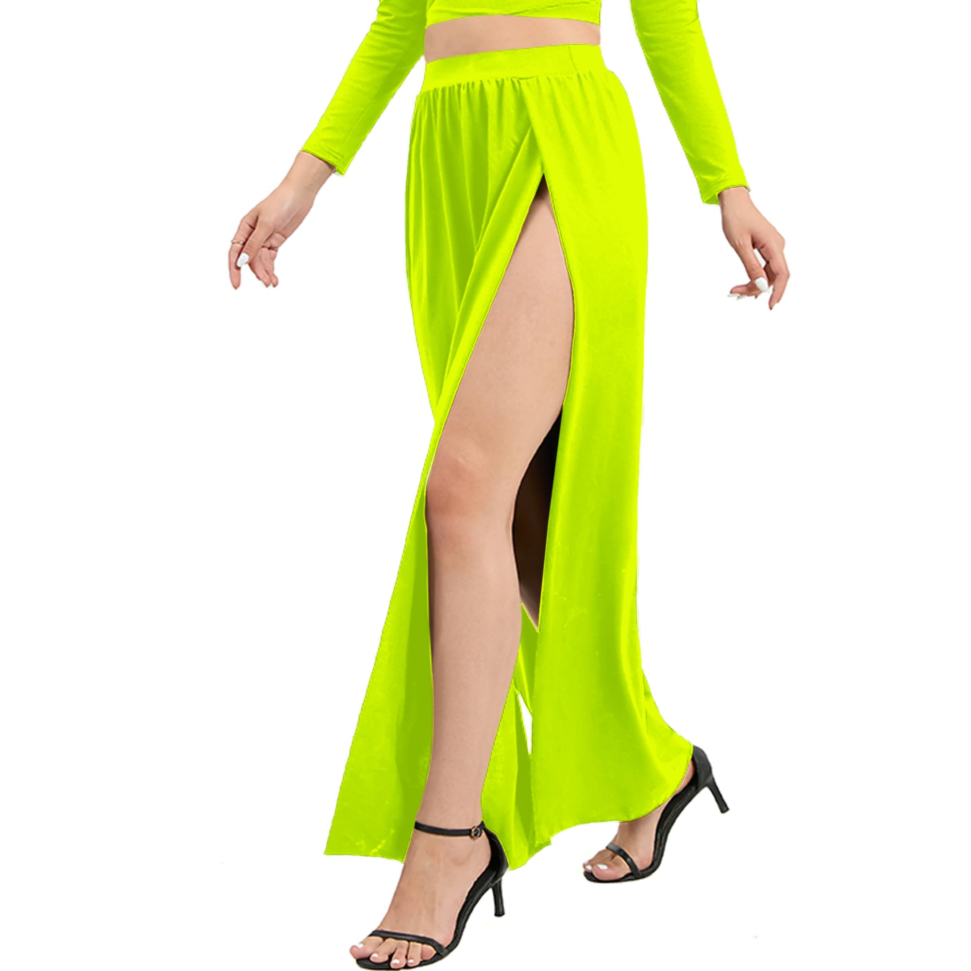 SILUI Women's High Waist Double Slit Sexy Plus Size Thigh Split Flowy Long Maxi Skirt