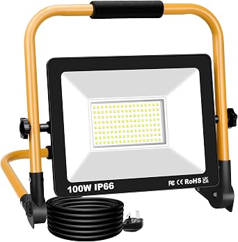 AUXTINGS 100W LED Work Light 9000LM Job Site Lights,Folding Flood Light Adjustable Portable Stand Work Lights Floodlight 6000K White 10ft 3m Wire with Plug for Car Repairing Home Workshop Garage [Energy Class E]