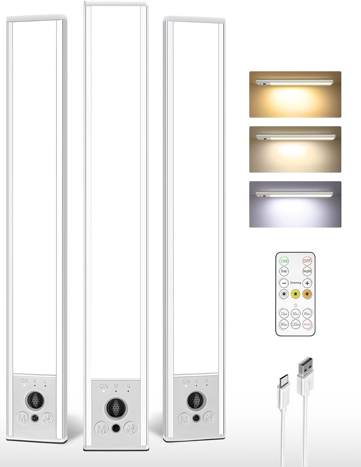 Ezvalo White 3-Pack Under Cabinet Kitchen Lights, 4000Mah Rechargeable Motion Sensor Light, 42 Cm Magnetic Lights With Dimmable & 3 Color Temps, Magnetic Stick Lights For Shelf Stairs Wardrobe Closet