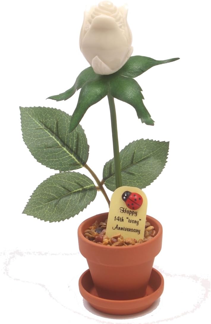 JustPaperRoses – 14th Wedding Anniversary Ivory Rose Gift – Ivory – 7-Inch Hand-Carved Tagua Nut Flower in Pot – 1 Count – Traditional 14 Year Gift