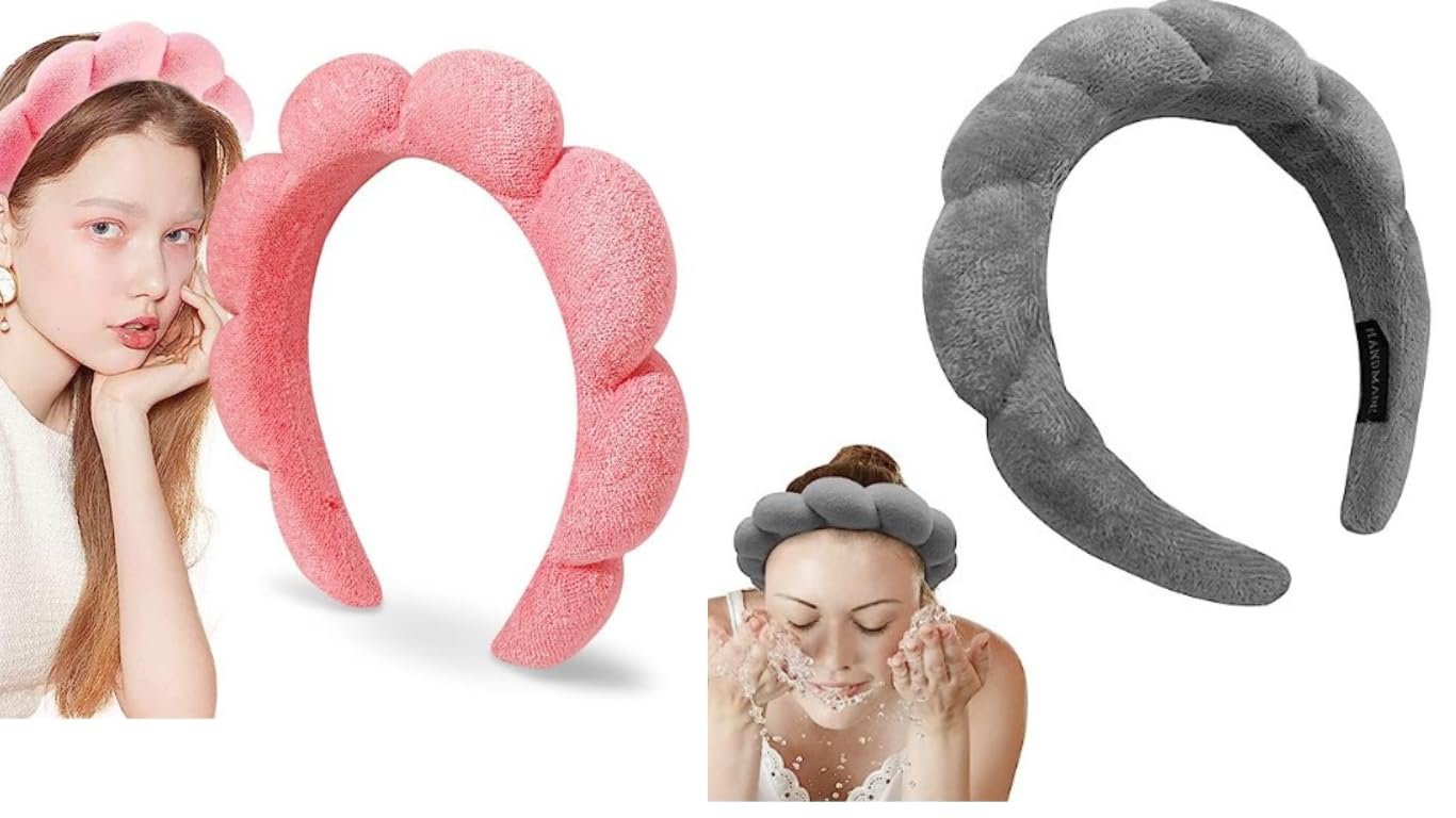 B.E. SIMPLE Spa Headband Terry Towel Cloth 2 Pack (Coral/Grey)