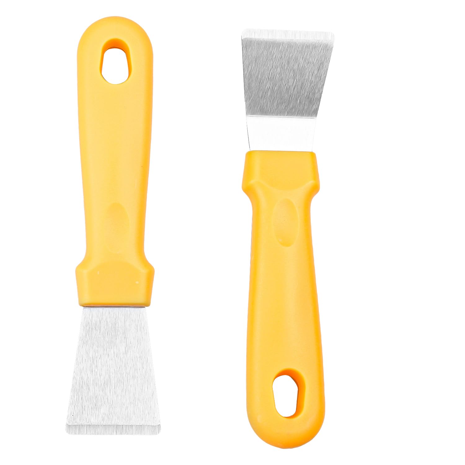 Luckious 2 Pcs Cleaning Scraper with Plastic Handle, Straight + Curved 2 Stainless Steel Grease Scraper, Kitchen Cleaning Scraper, for Refrigerator Defrosting, Oven, Hob, Induction Cooktop (Yellow)