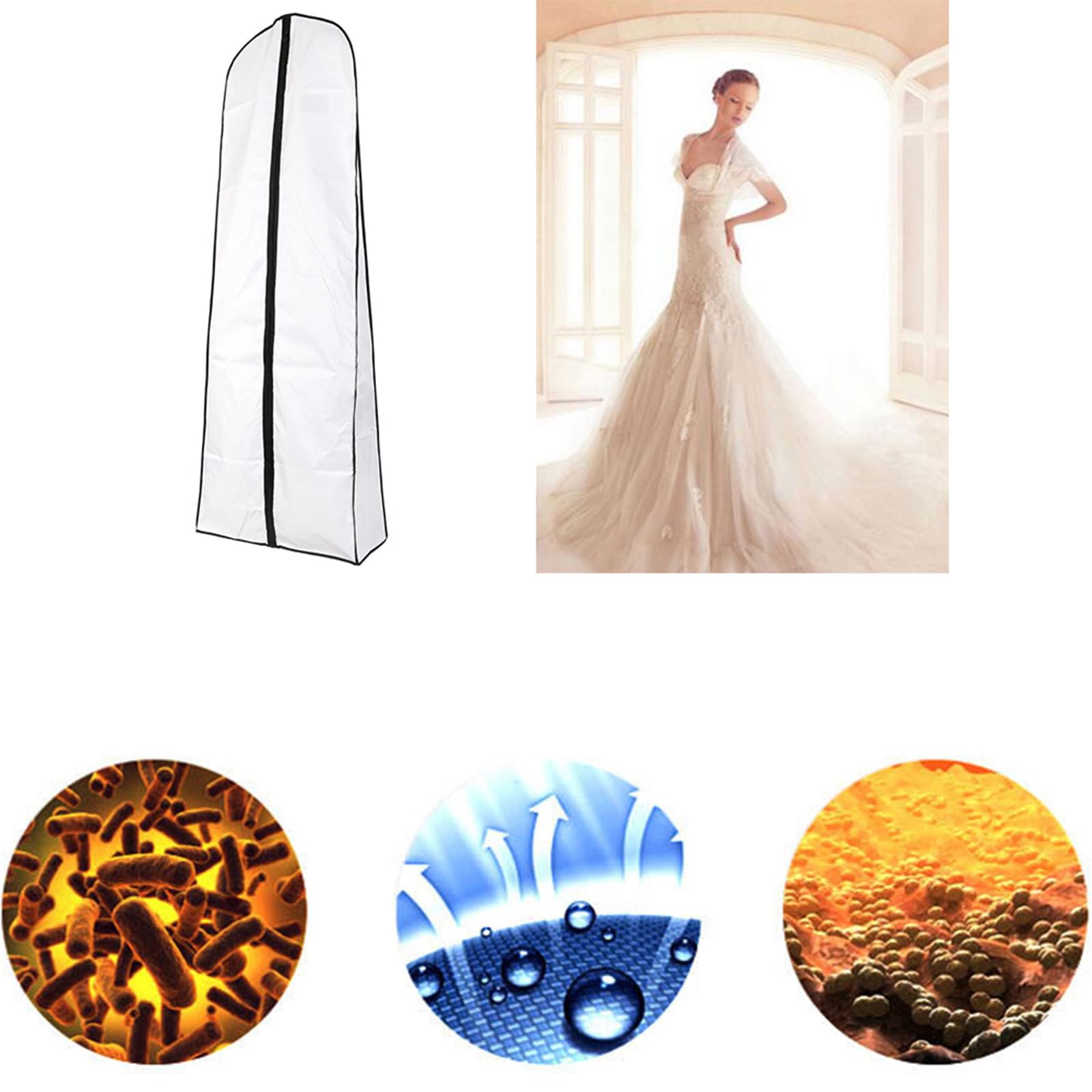 Copriabiti 72 pollici poliestere 600D abito da sposa abito da sposa porta abiti ti con 2 tasche in rete e porta carte in PVC pratico sacchetto multitasche per abiti, 183 x 65 x 26 cm, bianco
