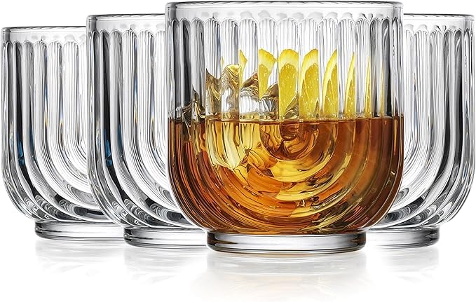 Image of PrimeWorld European Ribbed Whiskey Glasses Set of 6 pcs- 350 ml Bar Glass for Drinking Bourbon, Whisky, Scotch, Cocktails, Cognac- Old Fashioned Cocktail Tumblers