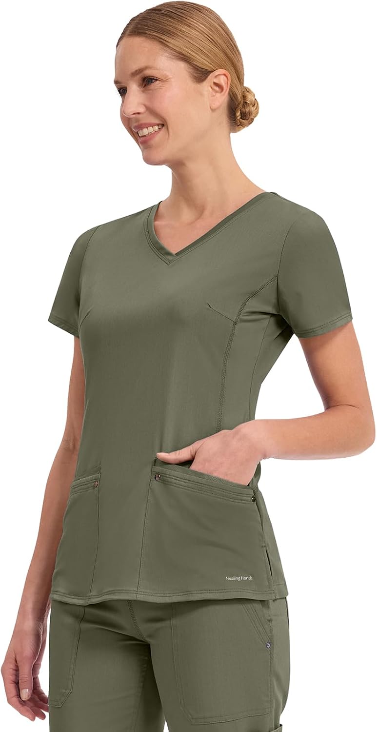 Healing Hands Purple Label V-Neck Scrub Tops Women Soft Stretch 2 Pockets