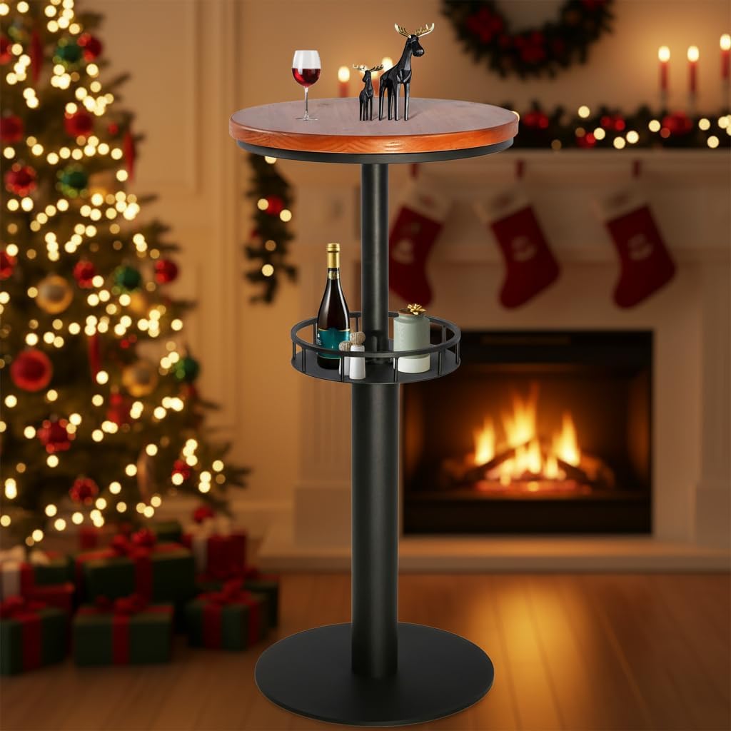 LOKKHAN 42" Tall Rustic Industrial Bar Table with Storage-19.68" Dia Round Wooden Top Metal Bar Height Adjustable Standing Pub Table-Dining Room Cocktail Bistro Table