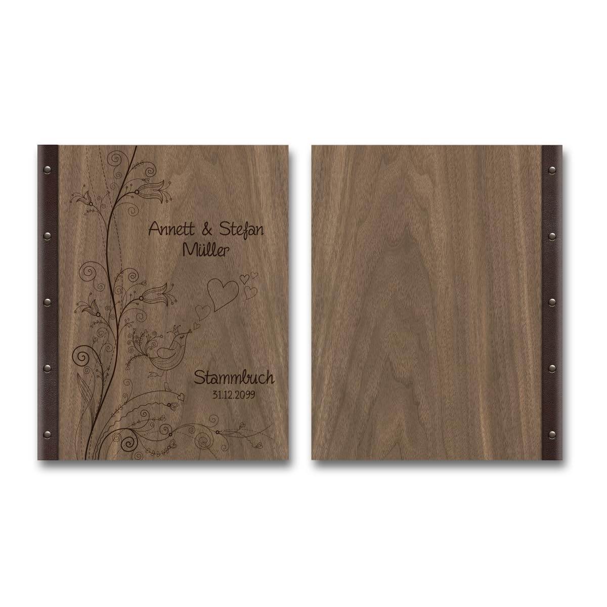 Personalisiertes Stammbuch Hochzeit aus echtem Holz mit Leder Rücken A5 oder A4 inkl. vorgedruckten Seiten - Liebesbaum