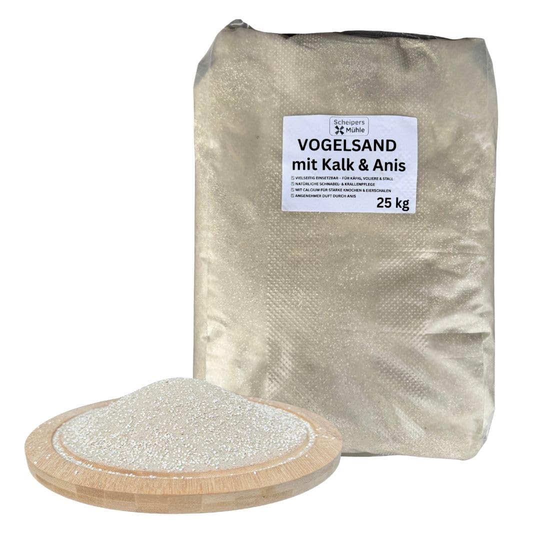 Vogelsand mit Kalk & Anis 25 kg – Badesand für Kanarienvögel, Wellensittiche, Papagein & Hühner - natürliches, geruchsbindendes Einstreu, mit Muschelgrit zur Schnabel- & Krallenpflege