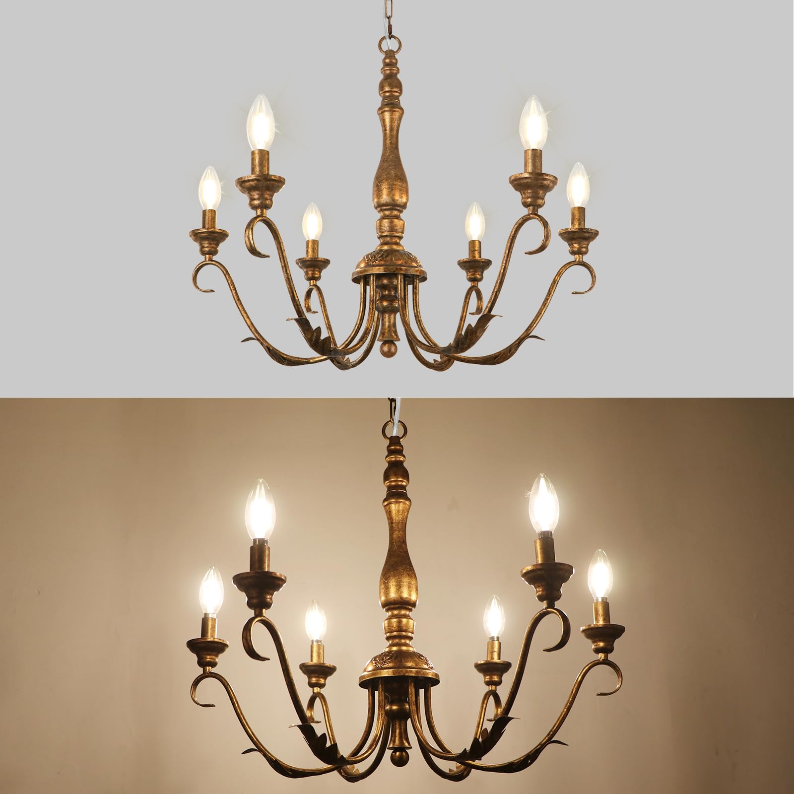 6 Lichter Kronleuchter Vintage Gold, Kronleuchter Landhaus Rustikal