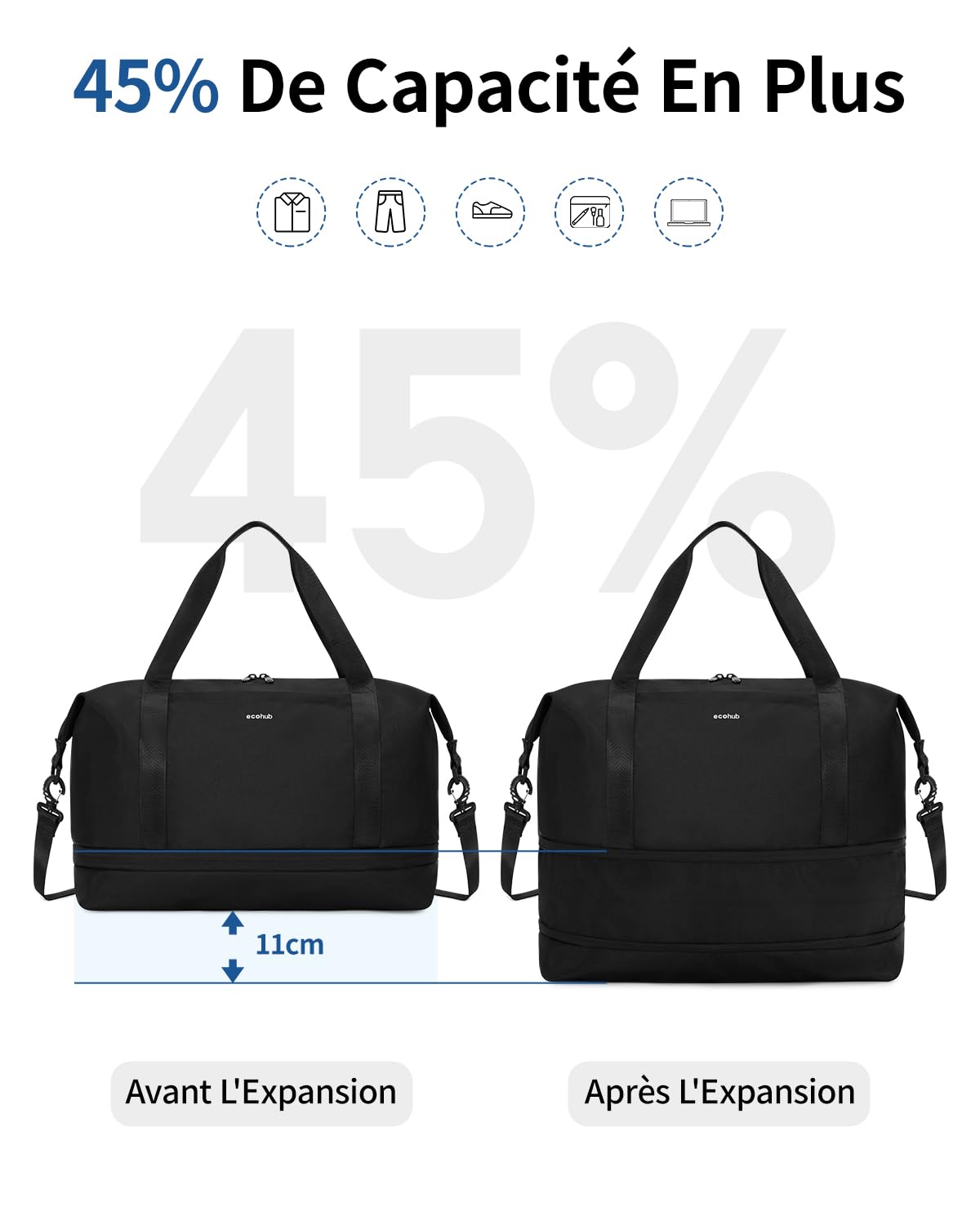ECOHUB Extensible Sac de Voyage Femme, Bagage Cabine 40x30x20, Ryanair Sacs Cabine Avion avec Pochette Humide Amovible, Sac Weekend Maternité, Pet Recyclé Petit Bagage à Main, Noir, 20L-28L