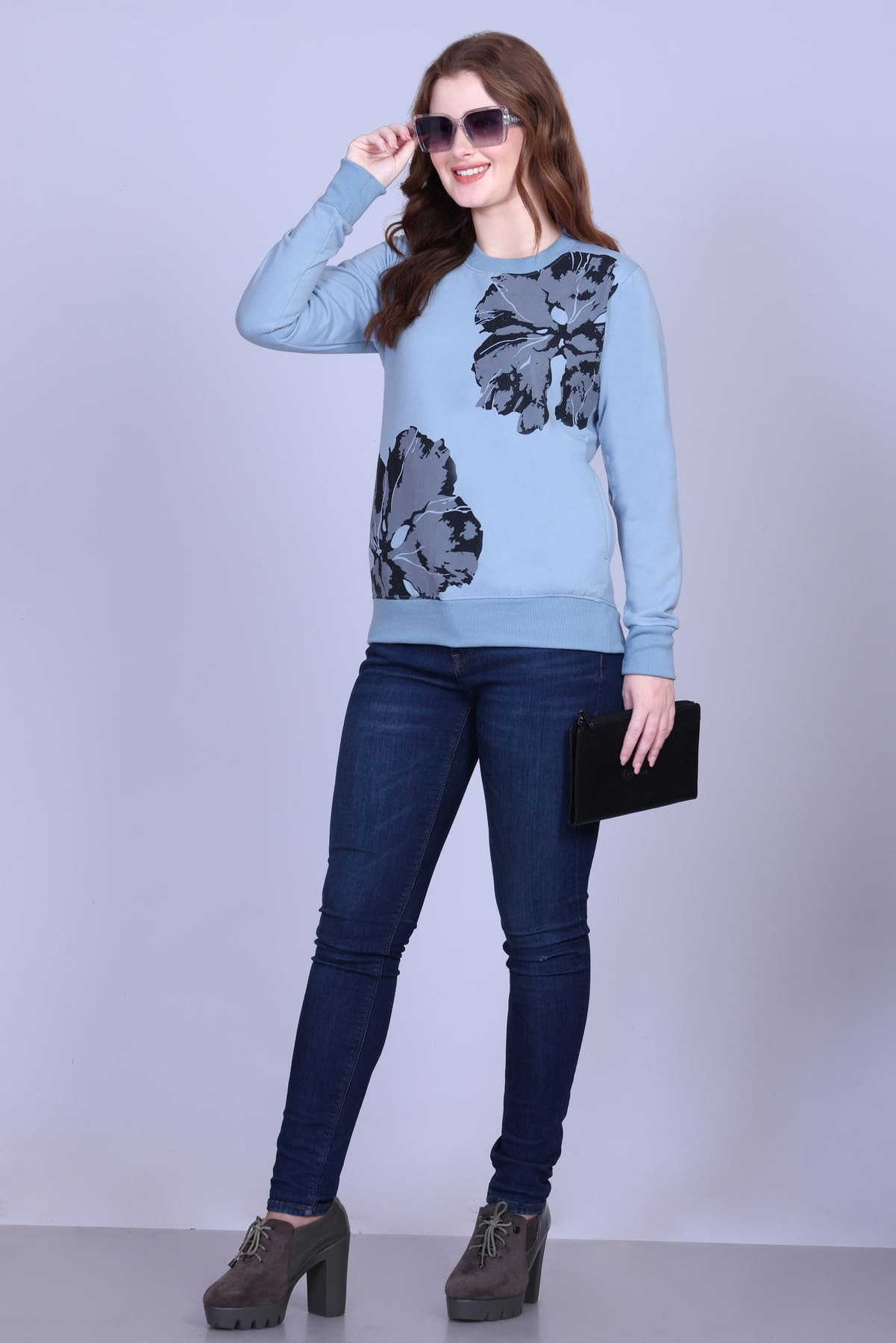 DG Divine Girl Women’s Printed Round Neck Sweatshirt | Winter Wear Fleece Cotton Fabric | Full Sleeves Casual Pullover for Girls & Women (in, Alpha, 2XL, Regular, Standard, 2 Flower Grey) - Image 3 thumbnail