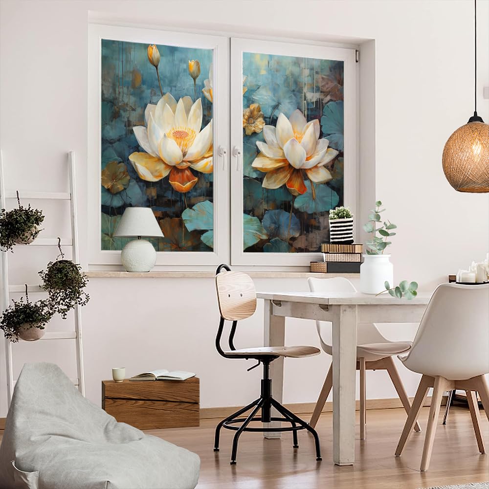 Pellicola per finestre rustica con fiore di loto in fiore, per la privacy rurale, non adesiva, decorativa, statica, per casa e ufficio, 70 x 120 cm, 2 pezzi