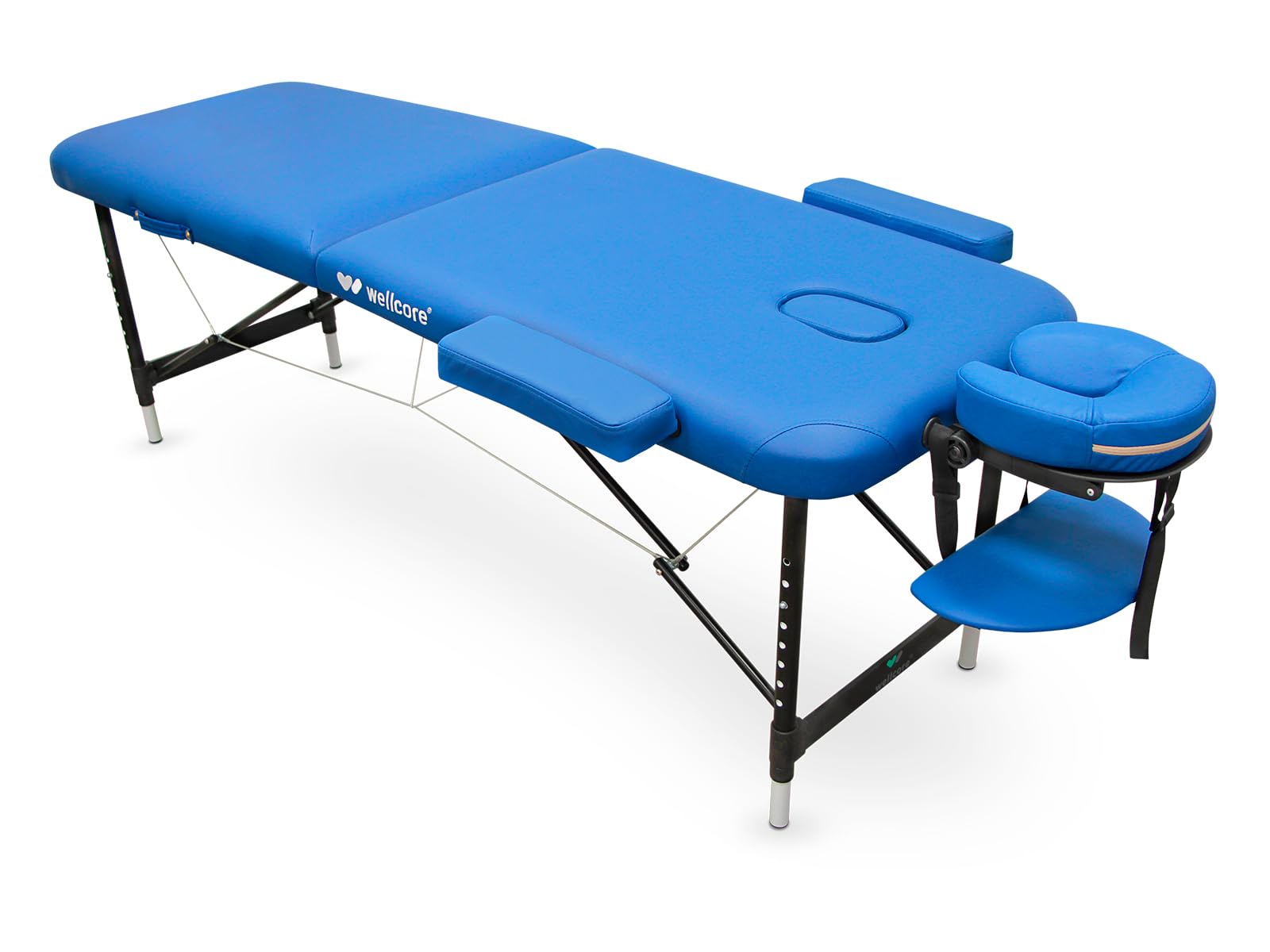 Quirumed WELLCORE Lettino Pieghevole in Alluminio, 185 x 60 cm, Altezza Regolabile, con Braccioli e Borsa per il Trasporto, Colore Blu