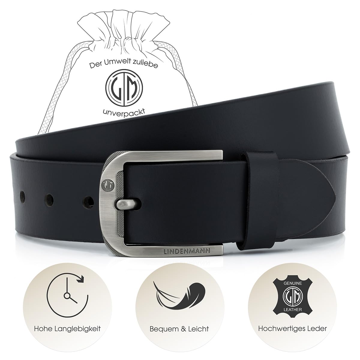 Lindenmann Cintura in pelle da uomo, cintura in pelle pieno fiore per jeans, nera