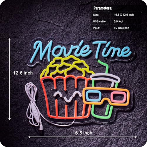 Image of Movie Time Neon Sign Popcorn Cinema LED Light USB Powered Neon for Wall Decor Film Cinema Room Party Man Cave