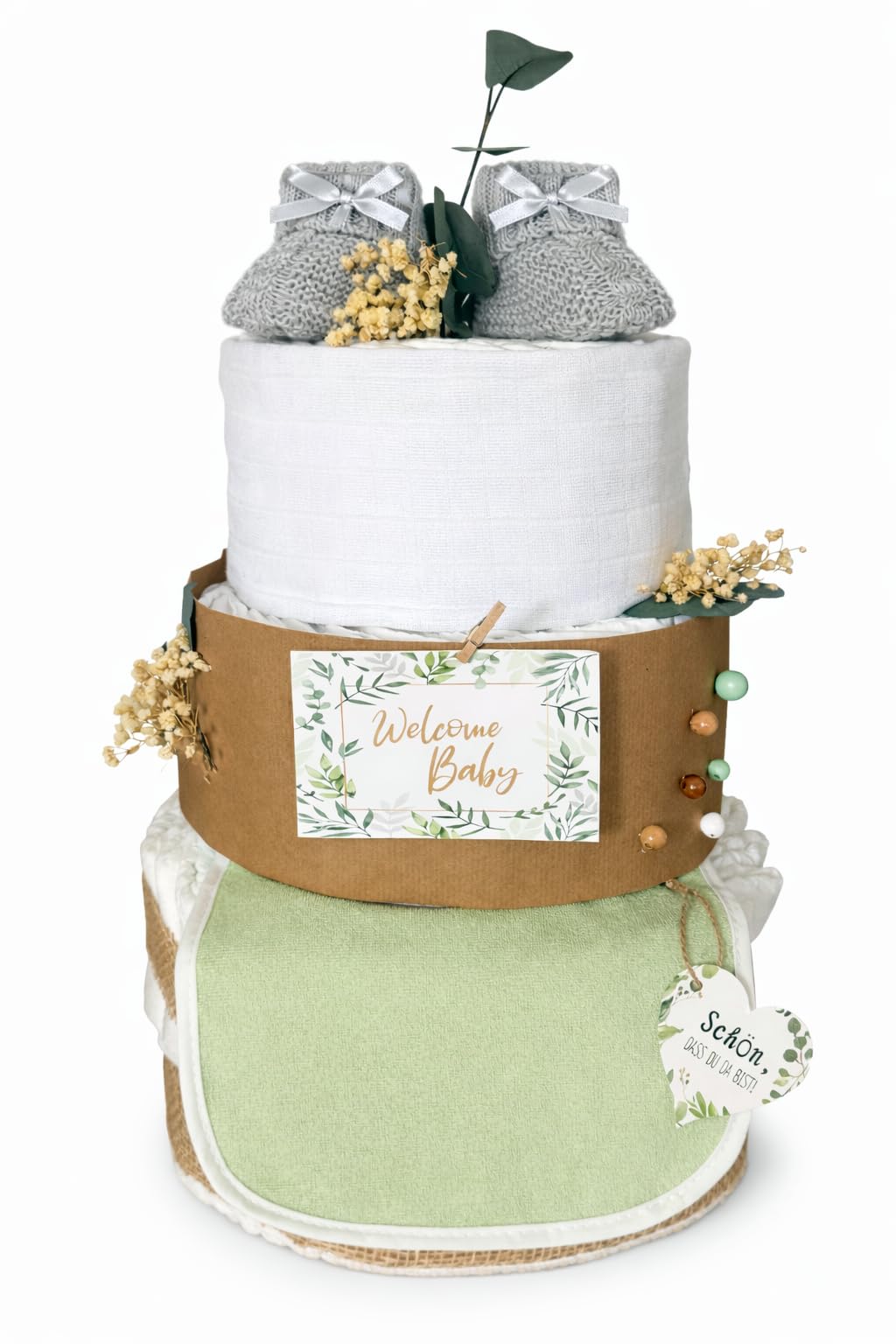 Neutrale Windeltorte Baby | Schön, dass du da bist | PERSONALISIERBAR mit Name | gefertigt aus 48 Premium Protection Windeln Gr. 2, Musselintuch, Lätzchen, gestrickte Booties, Grußkarte, Naturdeko