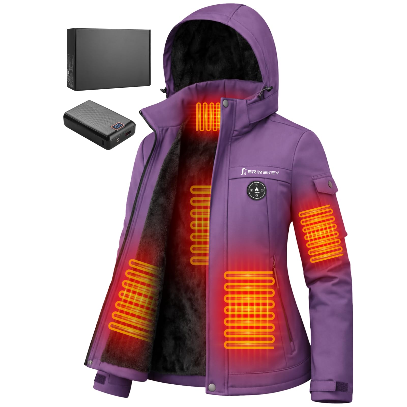 Brimekey Women's Purple Heated Ski Jacket, Fleece Heated Jacket, Waterproof, Windproof With 20,000 Mah Battery, 6 Heating Zones & 3 Levels, Heatable Jacket With Hood For Ski, Winter, Outdoor,