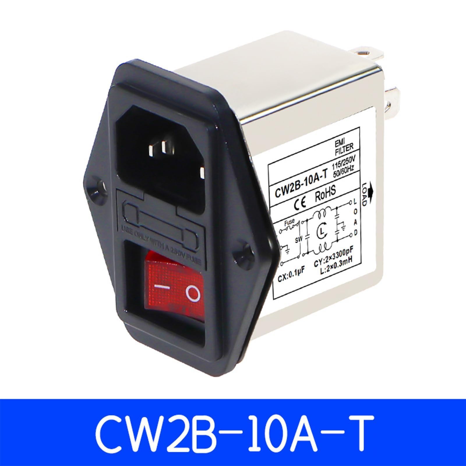 IEC Socket Power Filter CW2B-T CW2C-T 3A 6A 10A Filtre électromagnétique EMI avec interrupteur de sécurité pour équipement industriel (CW2B-10A-T)