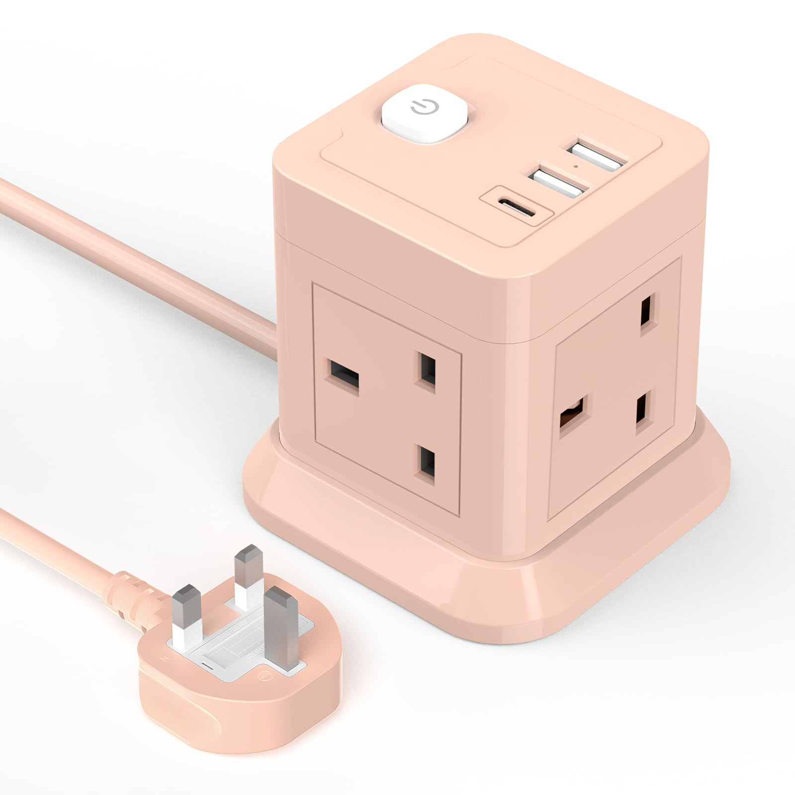 Cube Extension Lead with USB Slots, BEVA 4 Way Multi Plug Power Strip with 3 USB Ports (5V/2.4A), Desktop Power Extension Socket with 1.5M Extension Cords for Home Dorm Office Travel-PINK